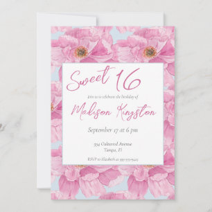 Invitation Aquarelle rose Peony Sweet 16 Party