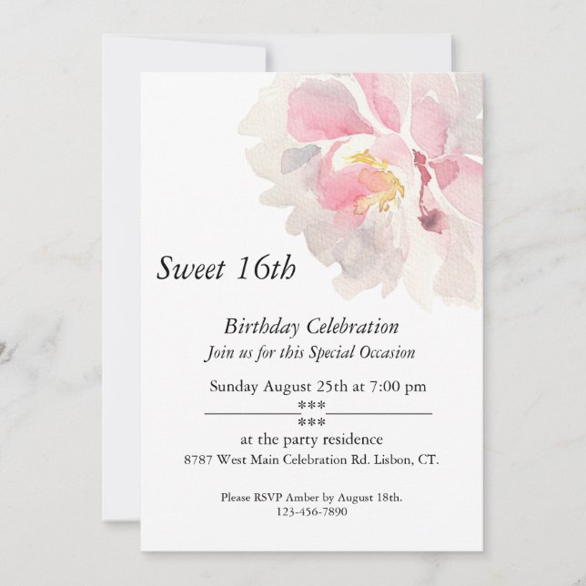 Invitation Aquarelle rose, personnalisable, Douce 16e (Devant)