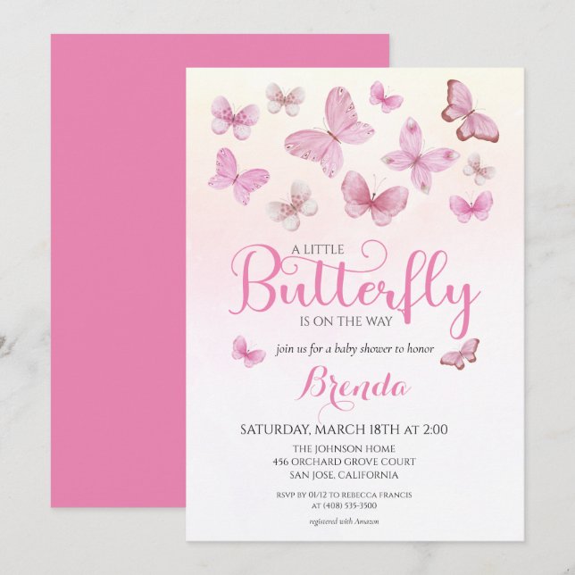 Invitation Aquarelle rose Petit Papillon Baby shower fille (Devant / Derrière)