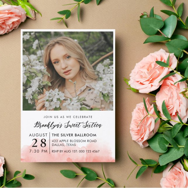 Invitation Aquarelle rose Photo Sweet 16 (Créateur téléchargé)