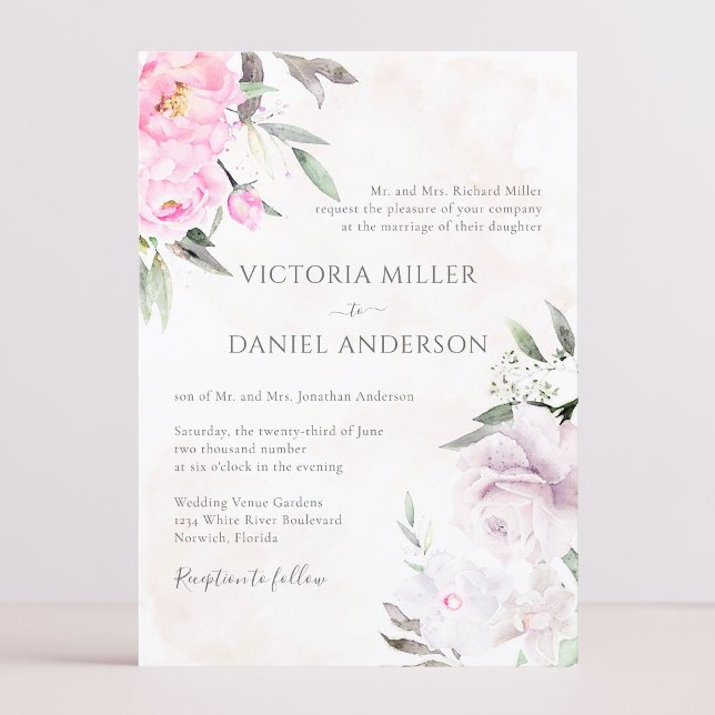 Invitation Aquarelle rose pivoines florales Mariage élégant (Créateur téléchargé)