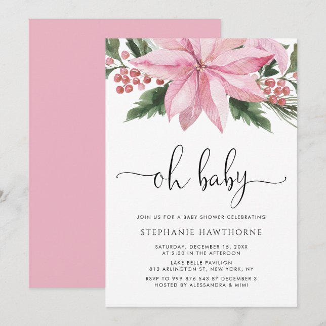 Invitation Aquarelle rose Poinsettia Baby shower d'hiver (Devant / Derrière)