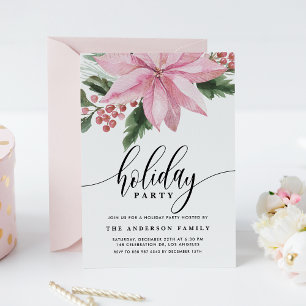 Invitation Aquarelle rose Poinsettia et Holly Holiday Party