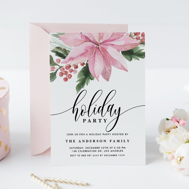 Invitation Aquarelle rose Poinsettia et Holly Holiday Party (Créateur téléchargé)