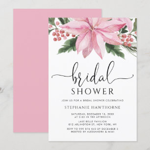 Invitation Aquarelle rose Poinsettia Fête des mariées d'hiver