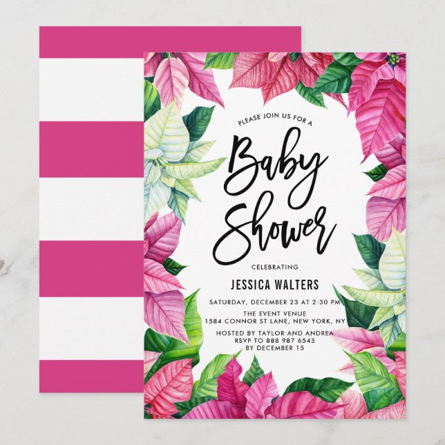 Invitation Aquarelle rose Poinsettias Baby shower Floral (Devant / Derrière)