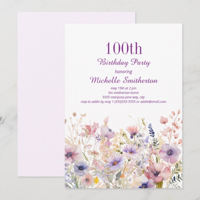 Invitation Aquarelle rose pourpre Fleur sauvage 100e annivers (Devant / Derrière)