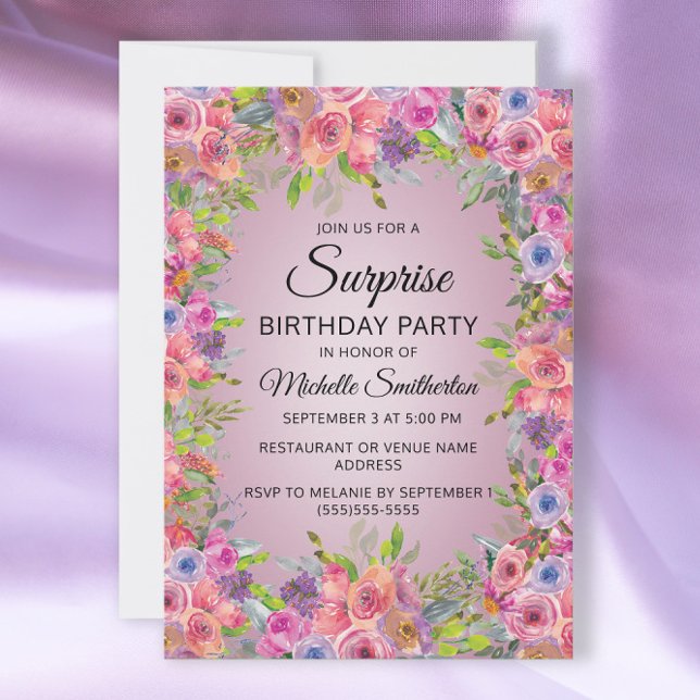 Invitation Aquarelle rose pourpre Floral Surprise Anniversair (Créateur téléchargé)