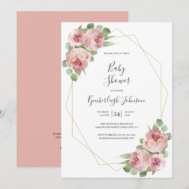 Invitation Aquarelle rose poussiéreuse Baby shower géométriqu (Devant / Derrière)