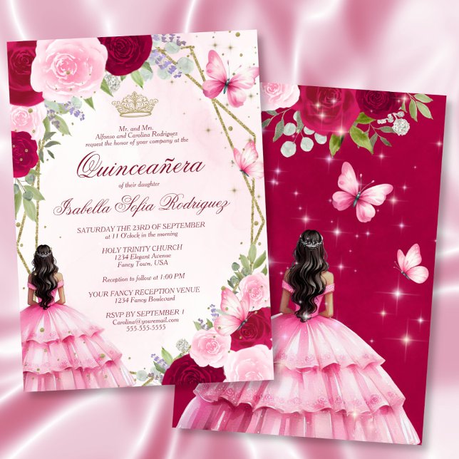 Invitation Aquarelle rose princesse Cheveux noirs Quinceanera (Front/Back)