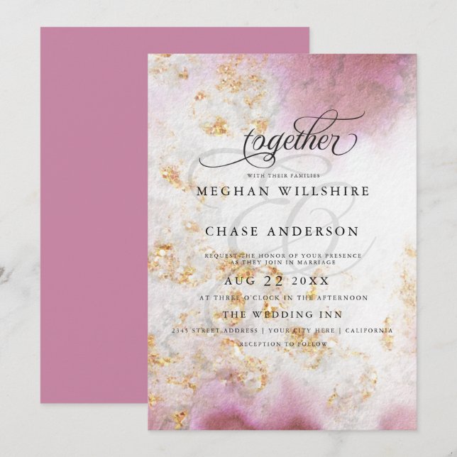 Invitation Aquarelle Rose Quartz Gold Geode BarefootBride™ (Devant / Derrière)