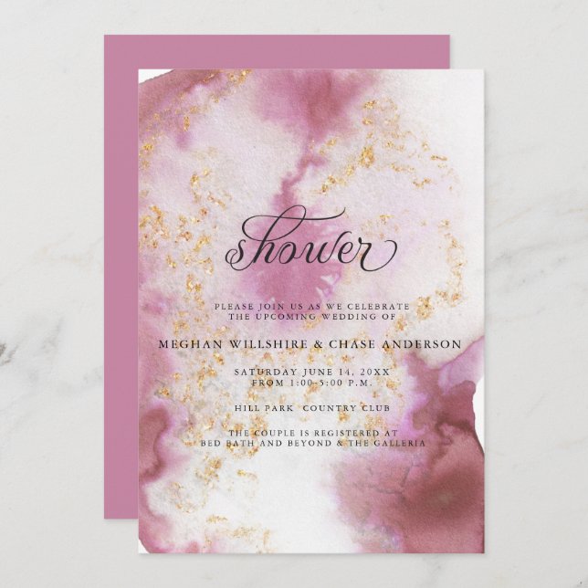 Invitation Aquarelle Rose Quartz Gold Geode BarefootBride™ (Devant / Derrière)
