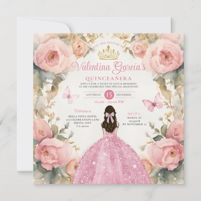 Invitation Aquarelle rose Quinceañera 15 Anos Fleurs Couronne (Devant)