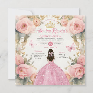Invitation Aquarelle rose Quinceañera 15 Anos Fleurs Couronne
