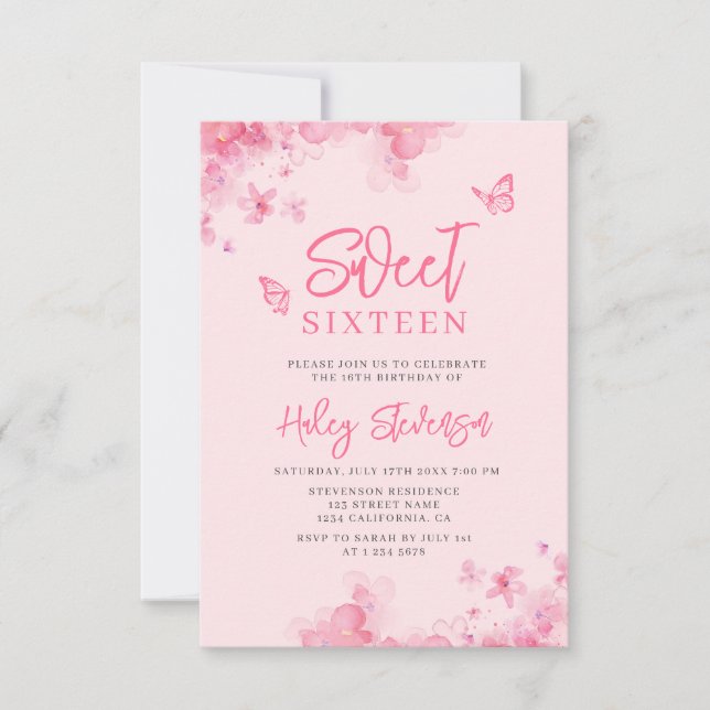 Invitation Aquarelle rose romantique florale Photo Sweet 16 (Devant)