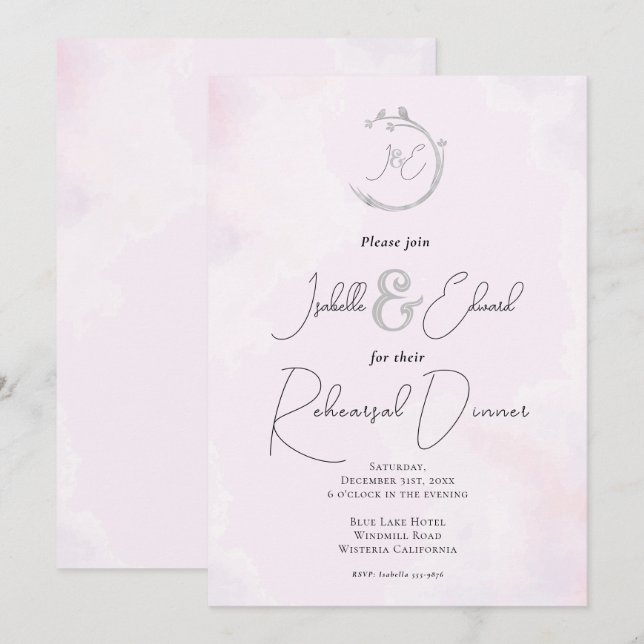 Invitation Aquarelle rose romantique Gris Inséparables Monogr (Devant / Derrière)