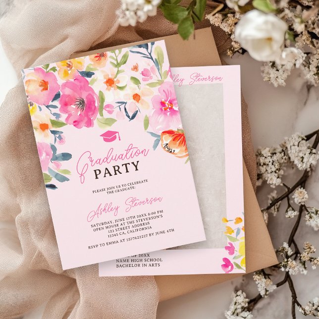 Invitation Aquarelle rose romantique Photo de graduation flor (Romantic Pink Watercolor Floral Graduation Photo Invitation)