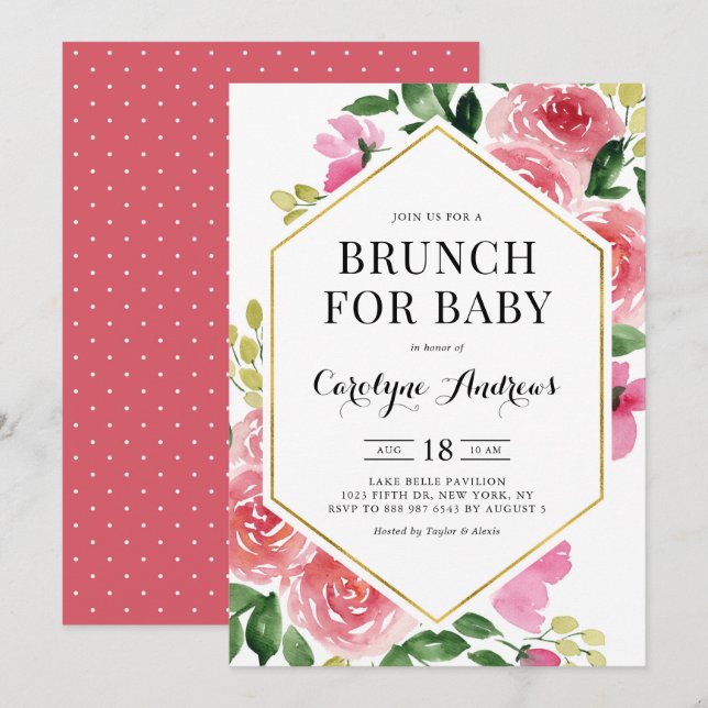 Invitation Aquarelle rose Rose Brunch à cadre floral pour béb (Devant / Derrière)