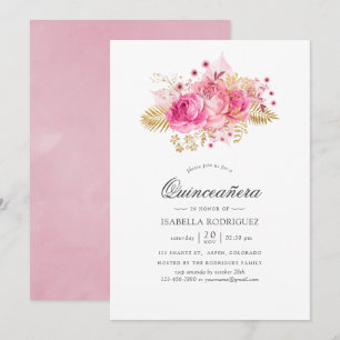 Invitation Aquarelle Rose rose et or Quinceañera