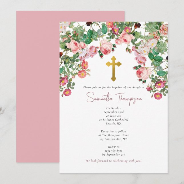Invitation Aquarelle rose Rose Fleur Jardin Fille Baptême (Devant / Derrière)