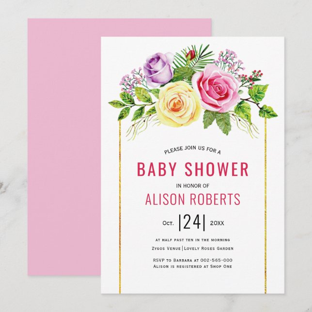 Invitation Aquarelle rose rose floral fille baby shower (Devant / Derrière)