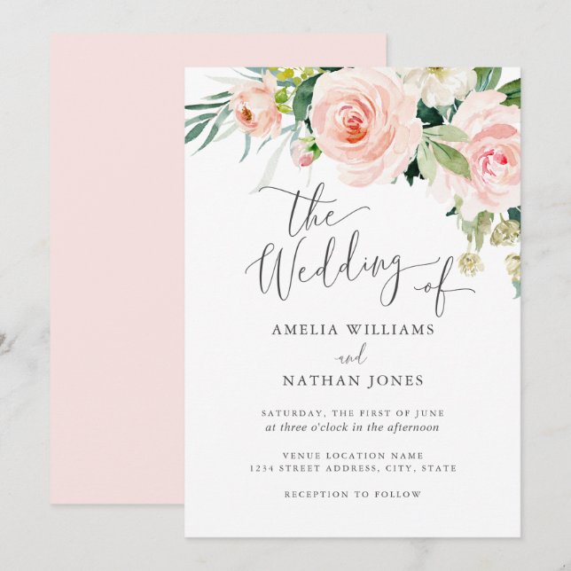 Invitation Aquarelle rose rose moderne Mariage floral (Devant / Derrière)