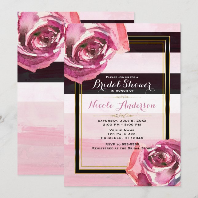 Invitation Aquarelle rose Rose Noir Blanc Blancs Moderne (Devant / Derrière)