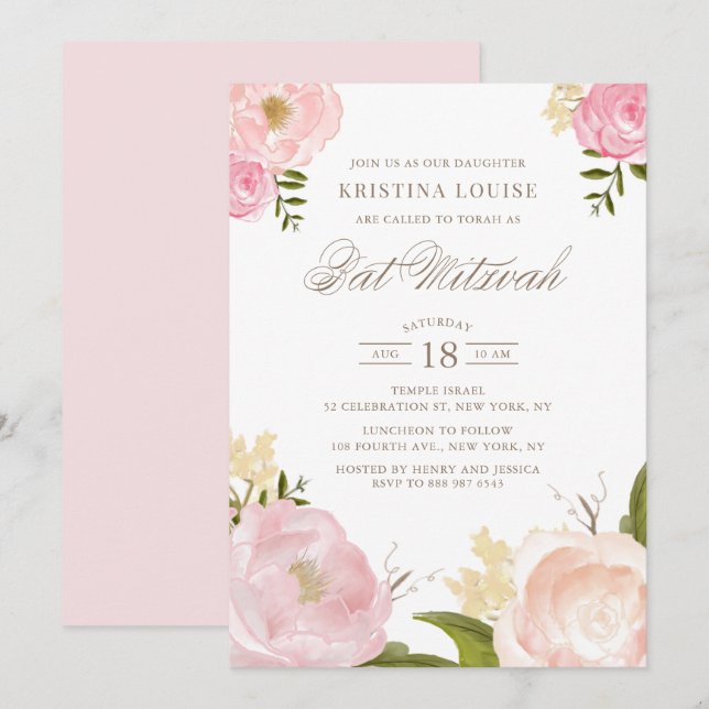 Invitation Aquarelle rose rose pâle Bat mitzvah floral (Devant / Derrière)