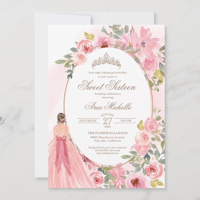Invitation Aquarelle rose rose pâle Floral Doux 16 Anniversai (Devant)