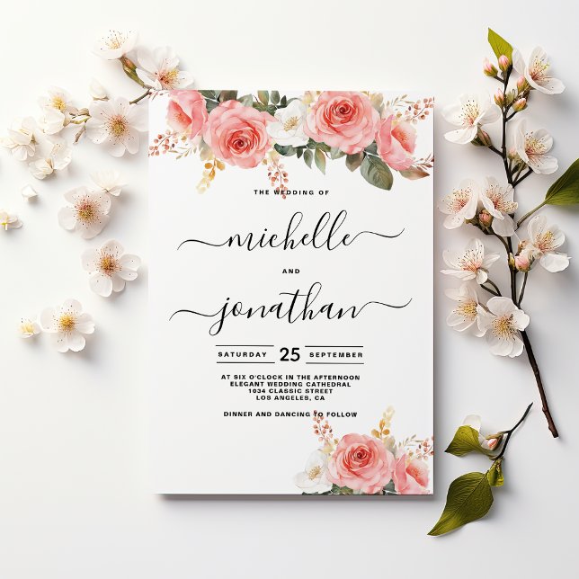 Invitation Aquarelle rose rose pâle menthe mariage (Watercolor blush pink white mint floral wedding)