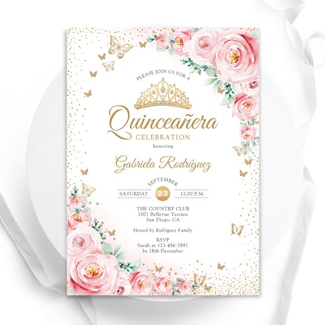 Invitation Aquarelle Rose rose pâle Quinceanera (Créateur téléchargé)