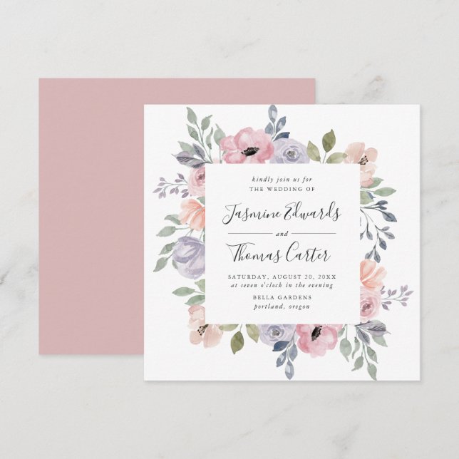 Invitation Aquarelle rose Rose poussiéreuse Floral | MARIAGE  (Devant / Derrière)