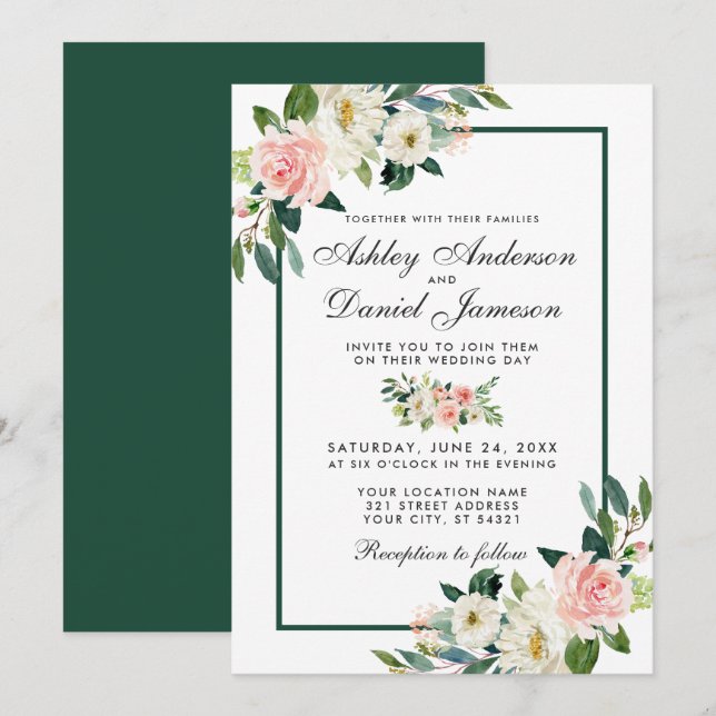 Invitation Aquarelle rose rose rose bleu vert Mariage blanc G (Devant / Derrière)