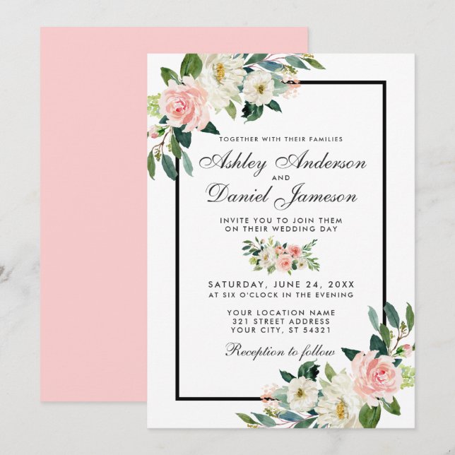 Invitation Aquarelle rose rose rose bleu vert Mariage blanc P (Devant / Derrière)