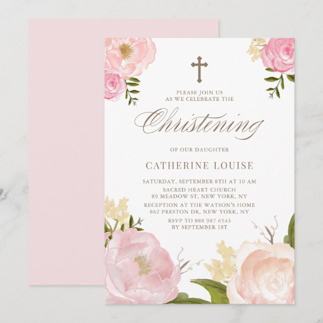 Invitation Aquarelle rose rose rose pivoine rose Christening  (Devant / Derrière)