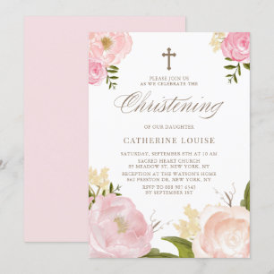 Invitation Aquarelle rose rose rose pivoine rose Christening 