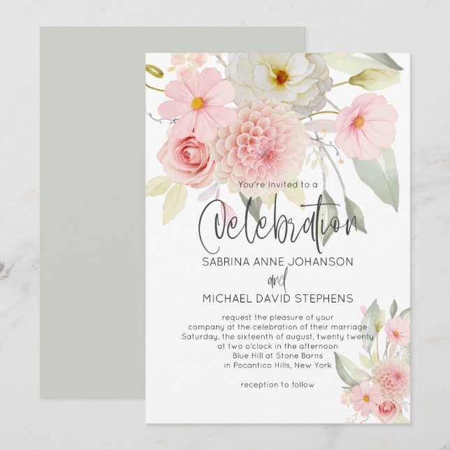 Invitation Aquarelle rose rose rustique Mariage floral (Devant / Derrière)
