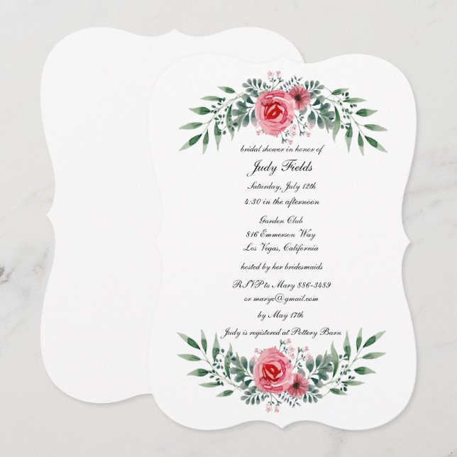 Invitation Aquarelle Rose Rose Vert feuillage Foliage Bridal  (Devant / Derrière)
