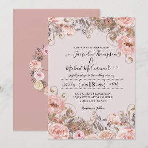 Invitation Aquarelle rose Rose vintage Foliage séché