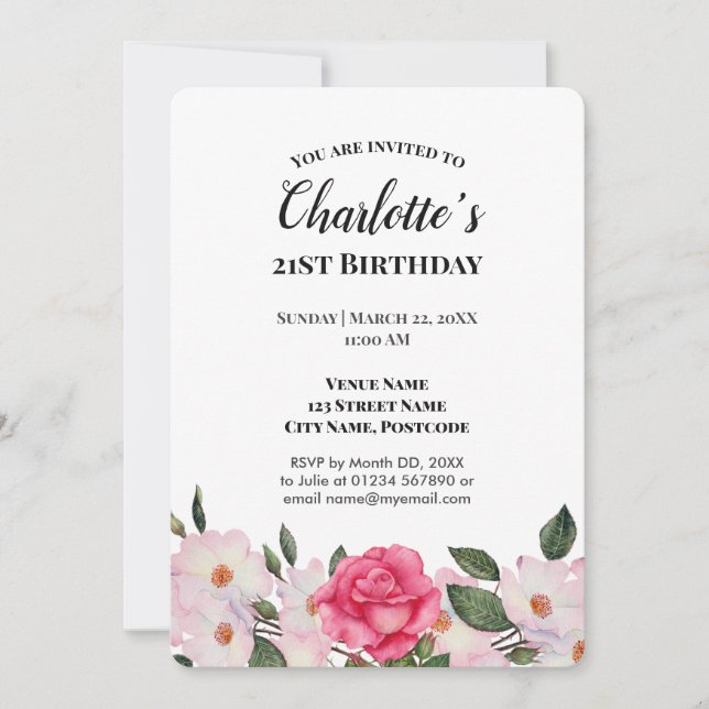 Invitation Aquarelle rose Roses blanches fête d'anniversaire (Devant)
