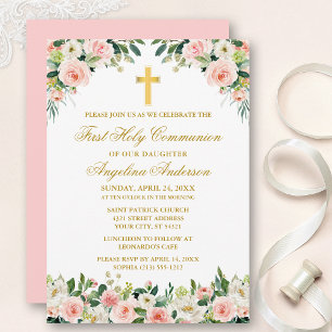 Invitation Aquarelle rose Roses Blanches Floral Communion Or