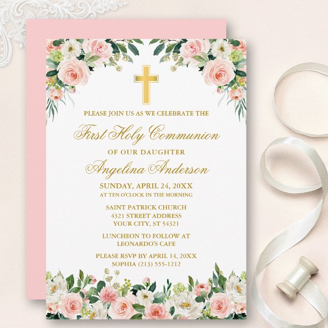 Invitation Aquarelle rose Roses Blanches Floral Communion Or (Customize to change text color, size, style or to change color of back of card.)