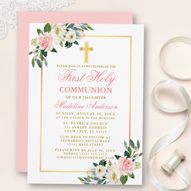 Invitation Aquarelle rose Roses Blanches Floral Première comm (Customize to change text color, text style or color of back of card.)