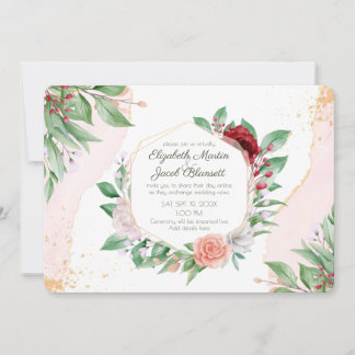 Invitation Aquarelle rose Roses et verdure Mariage virtuel