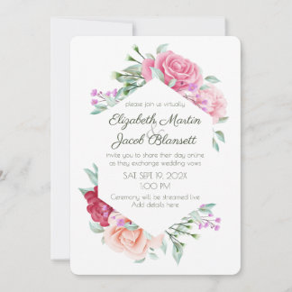 Invitation Aquarelle rose roses et violettes Mariage virtuel