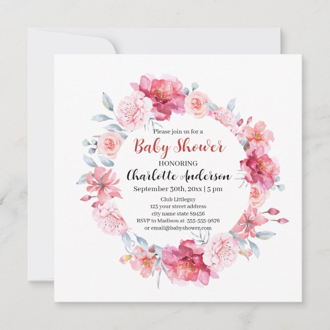 Invitation Aquarelle rose Roses Fleur sauvage Baby shower Boh (Devant)