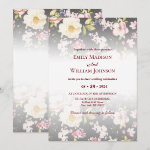 Invitation Aquarelle rose Roses jaunes, noir flou, Mariage
