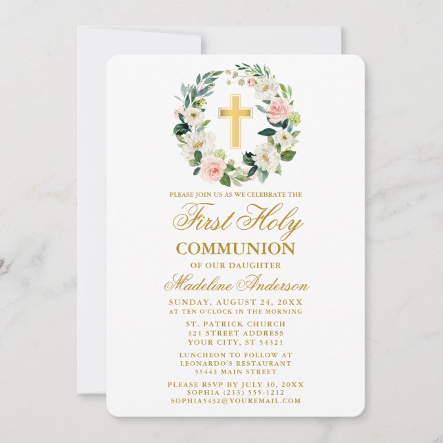 Invitation Aquarelle rose Roses Wreath Gold Première communio (Devant)