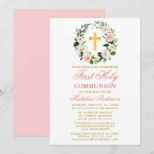 Invitation Aquarelle rose Roses Wreath Première Communion Or