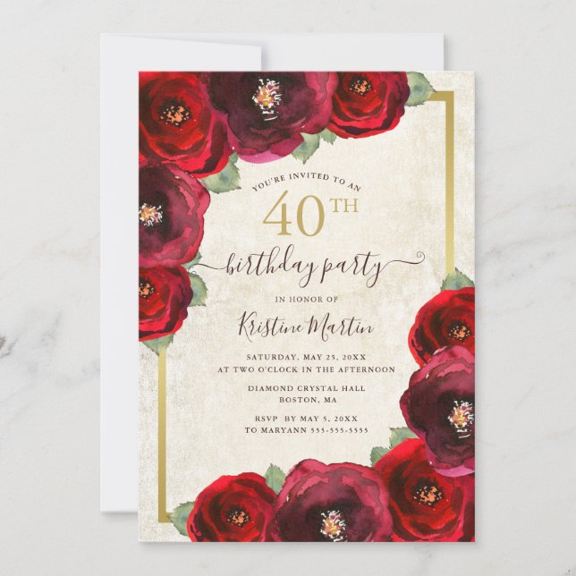 Invitation Aquarelle rose rouge chic or floral 40e anniversai (Devant)